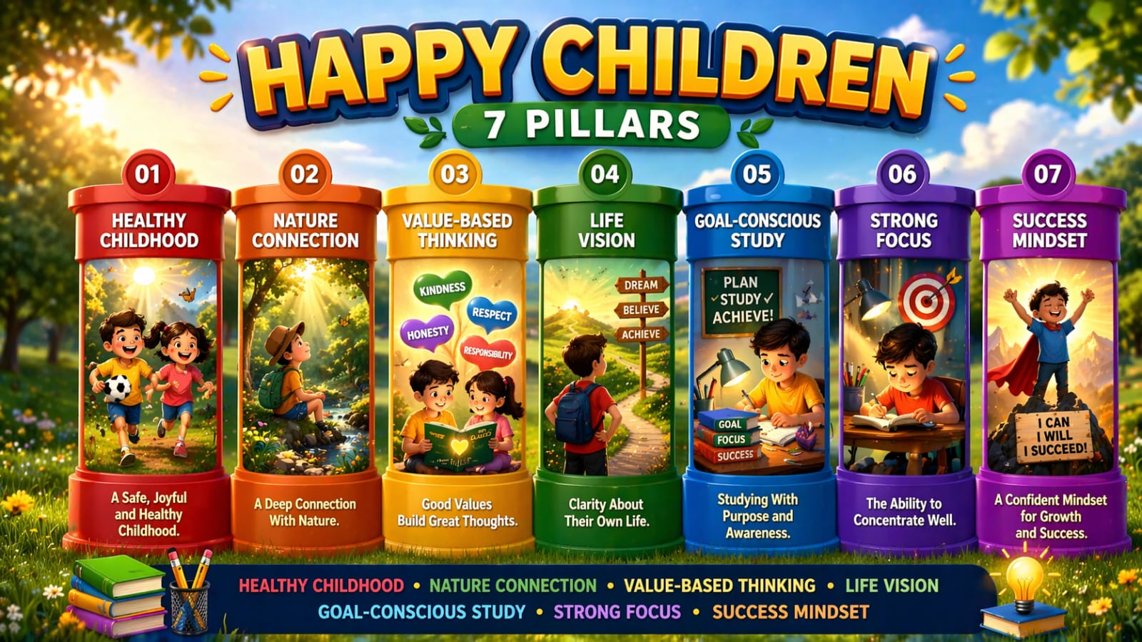 7 Pillars: Healthy Childhood, Nature Connection, Value-Based Thinking, Life Vision, Goal-Conscious Study, Strong Focus, Success Mindset